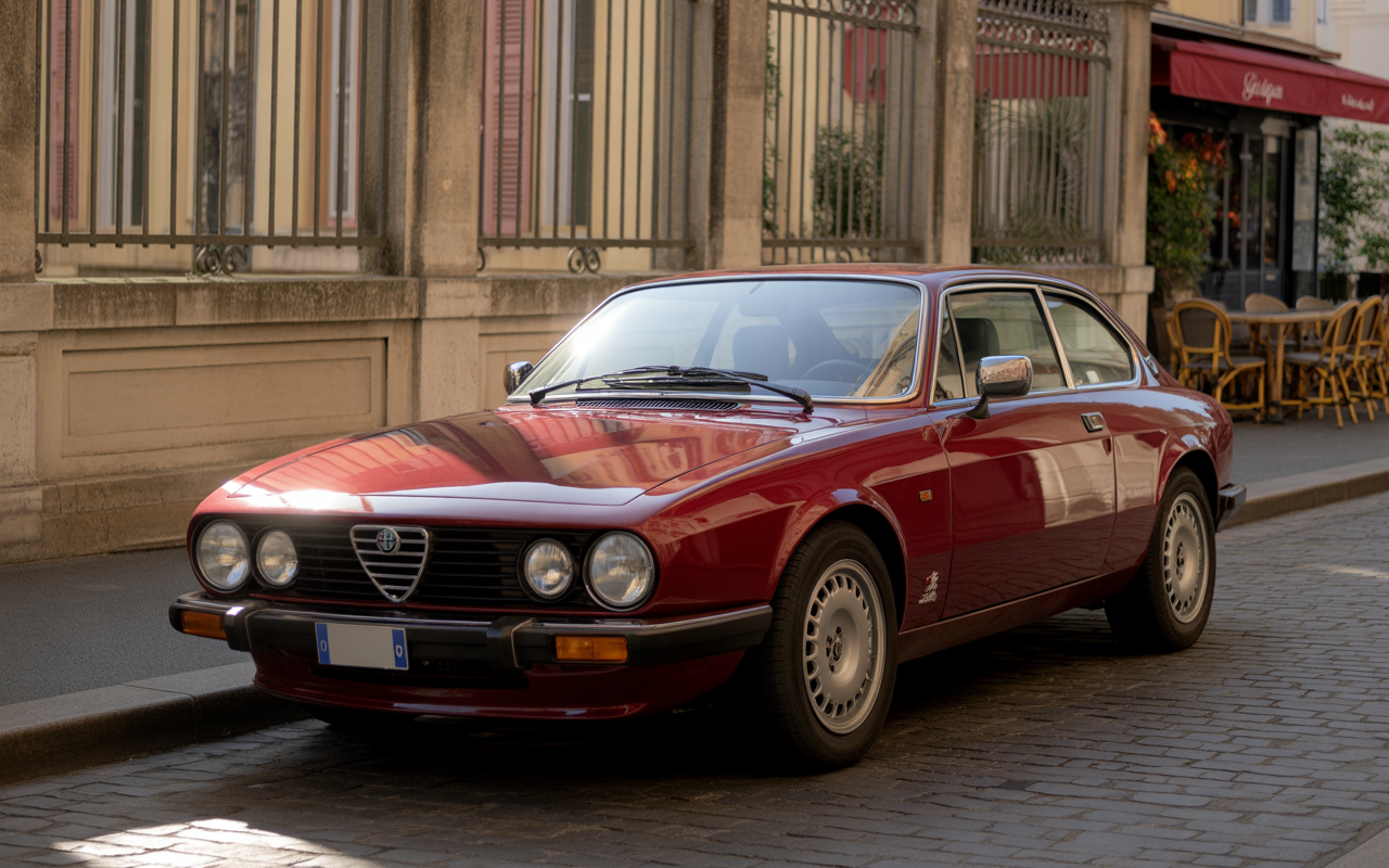 Voiture rouge vintage stationnée sur un pavé, avec des fenêtres en arrière-plan et des chaises de café à côté.