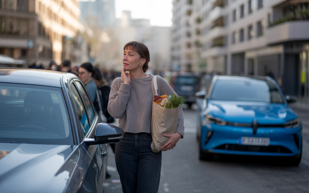 Femme en ville avec un sachet de courses, pensive, près de voitures stationnées et d'immeubles modernes.