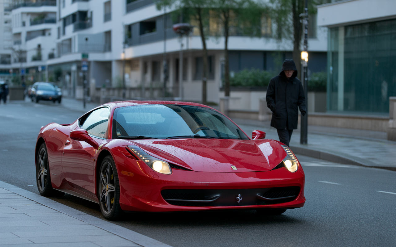 Une Ferrari rouge garée sur une rue urbaine, avec un homme en manteau sombre marchant sur le trottoir.