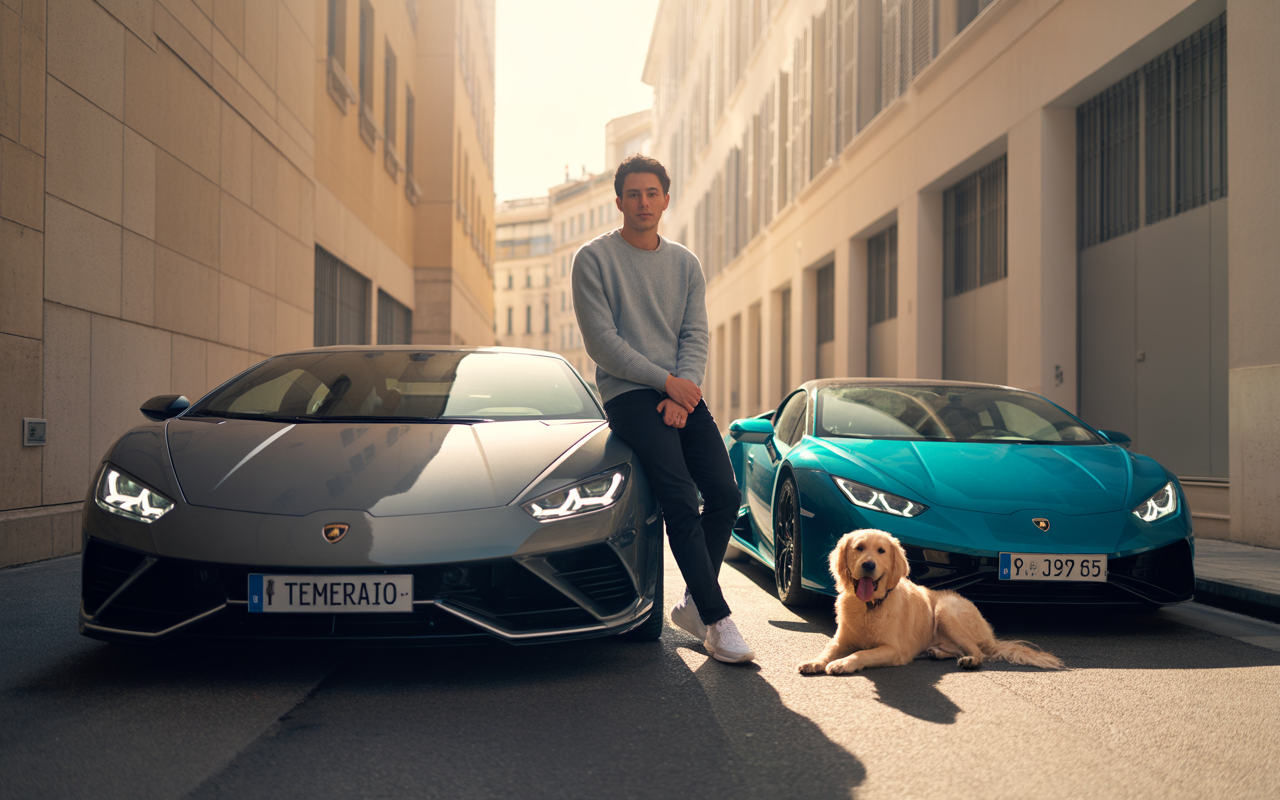Un homme, un chien doré, et deux Lamborghini se trouvent dans une rue ensoleillée et étroite, créant une ambiance élégante.