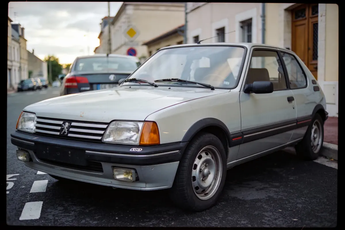 Voiture ancienne grise Peugeot 205 garée dans une rue urbaine résidentielle, début de soirée.