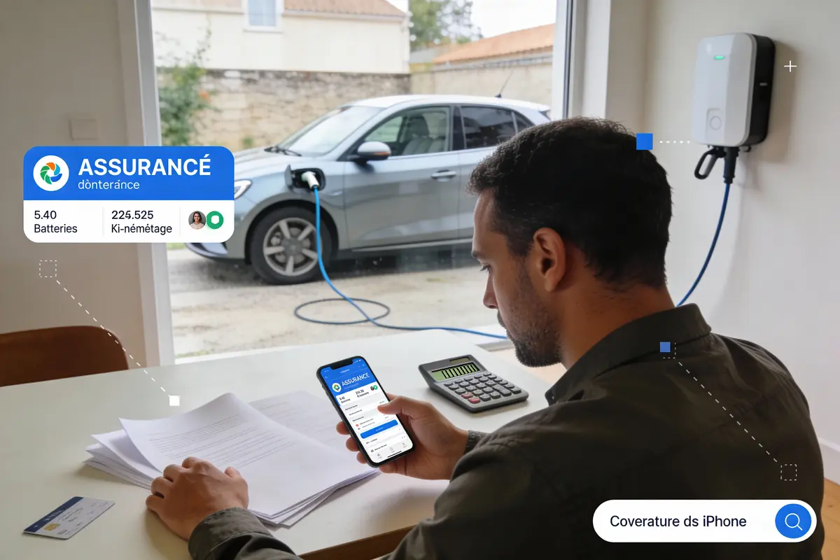 Homme consultant assurance sur téléphone, voiture électrique chargeant à l'extérieur, vue d'intérieur avec calculatrice et documents.