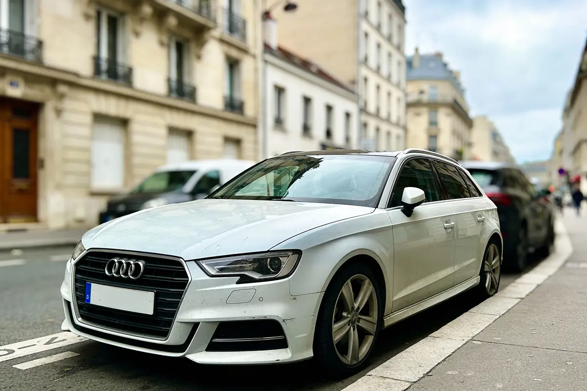 Voiture blanche Audi stationnée dans une rue parisienne résidentielle, bâtiments anciens en arrière-plan.