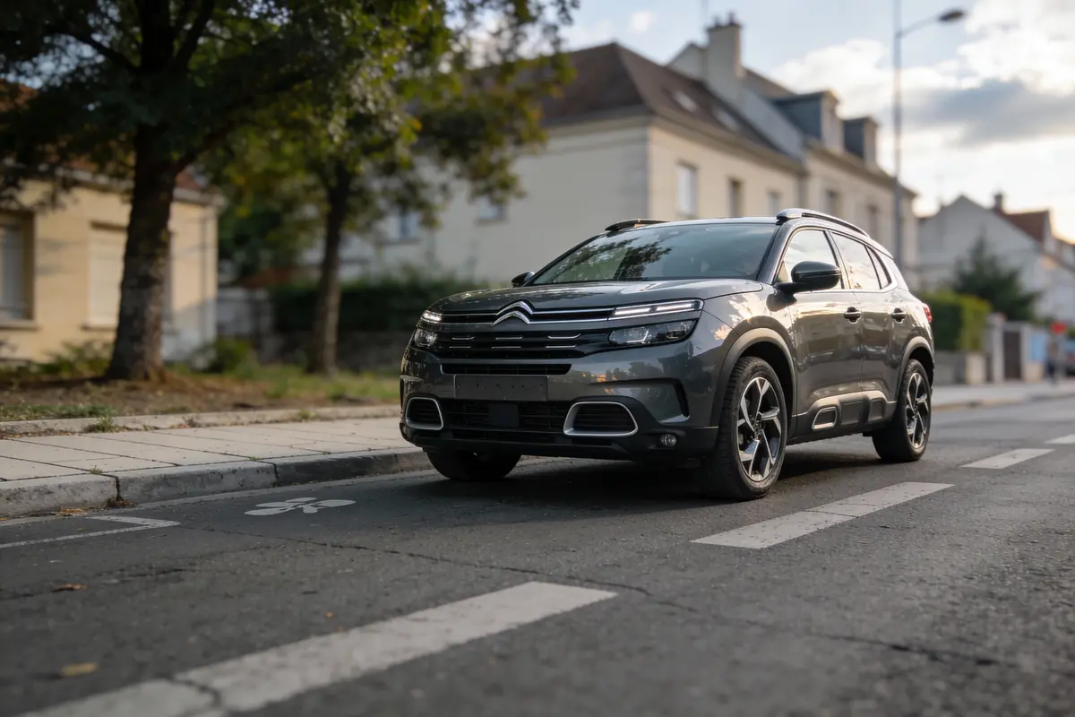 SUV gris stationné sur une rue urbaine bordée d'arbres et de maisons, en fin d'après-midi.