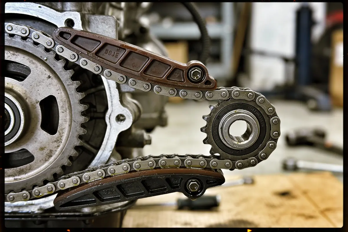 Moteur avec chaîne de distribution et engrenages métalliques en gros plan dans un atelier mécanique.