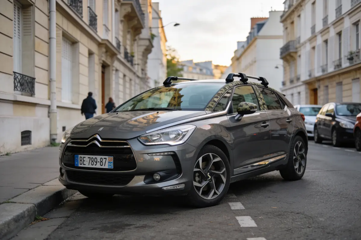 Voiture Citroën grise stationnée dans une rue de ville résidentielle, avec bâtiments et passants en arrière-plan.