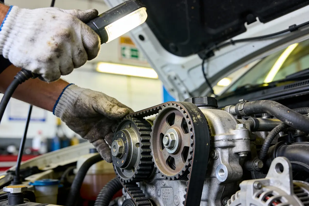 Mécanicien inspectant une courroie de distribution moteur sous un capot de voiture, lumière en main, gants blancs.