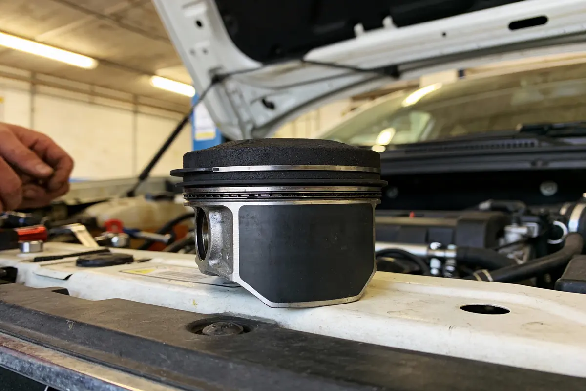 Piston de moteur posé sur le capot d’une voiture, avec main d'un mécanicien à l'arrière-plan.
