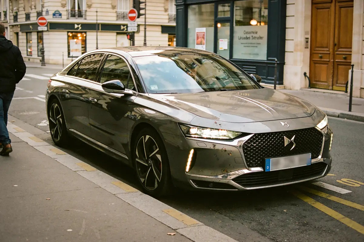 Voiture grise stationnée en ville devant un magasin, un piéton sur le trottoir à gauche.