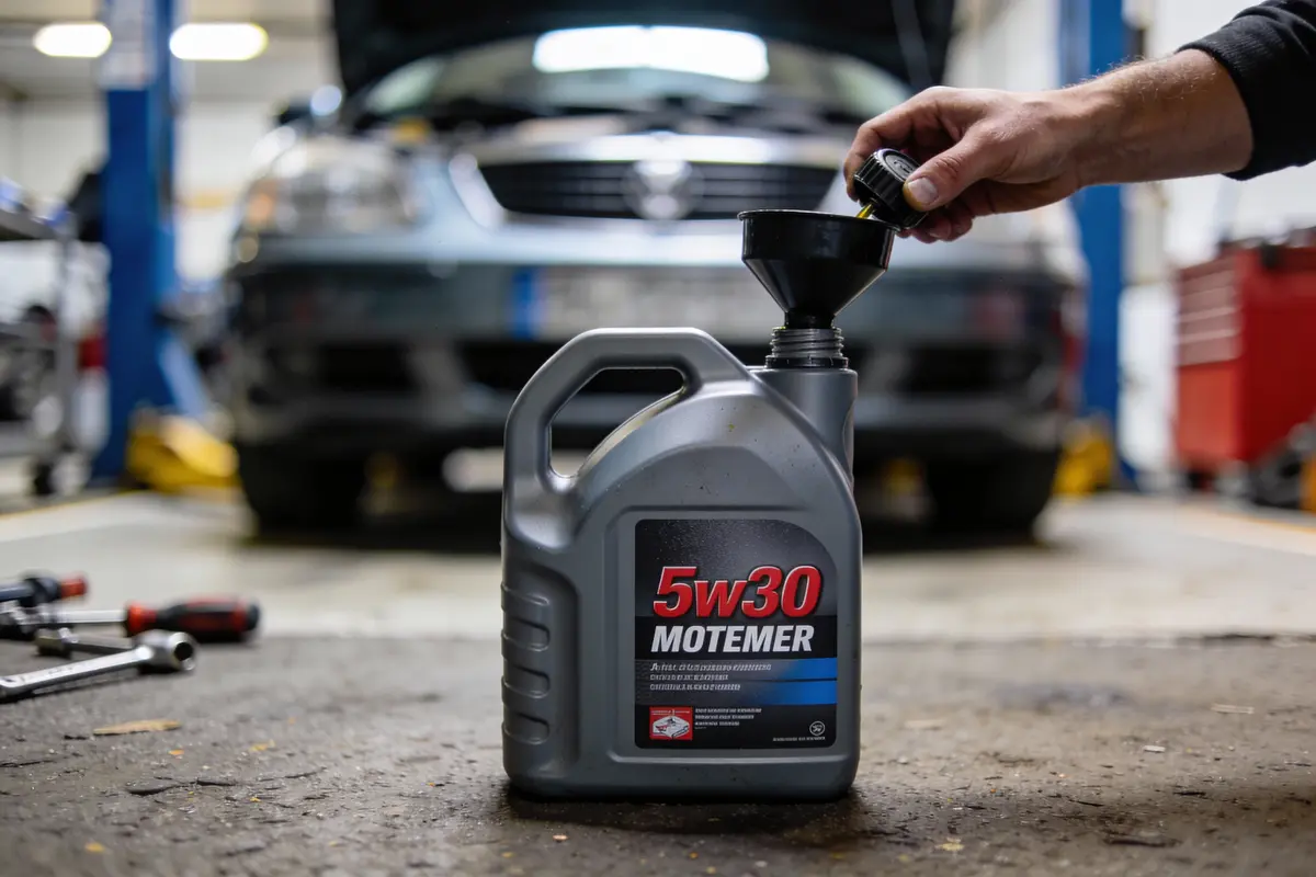 Bidon d'huile moteur 5w30 dans un garage avec une voiture floue à l'arrière-plan.