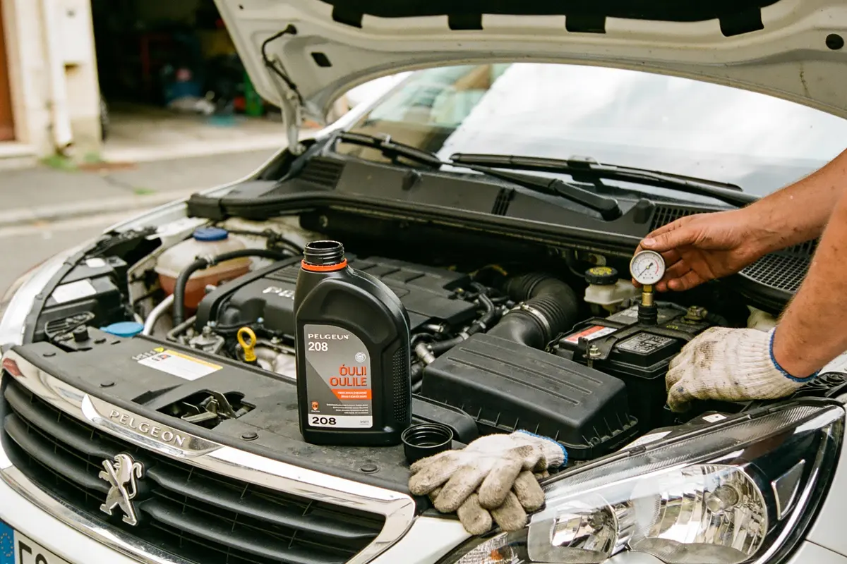 Moteur de voiture Peugeot ouvert, avec huile moteur et pression vérifiée par une personne gantée.