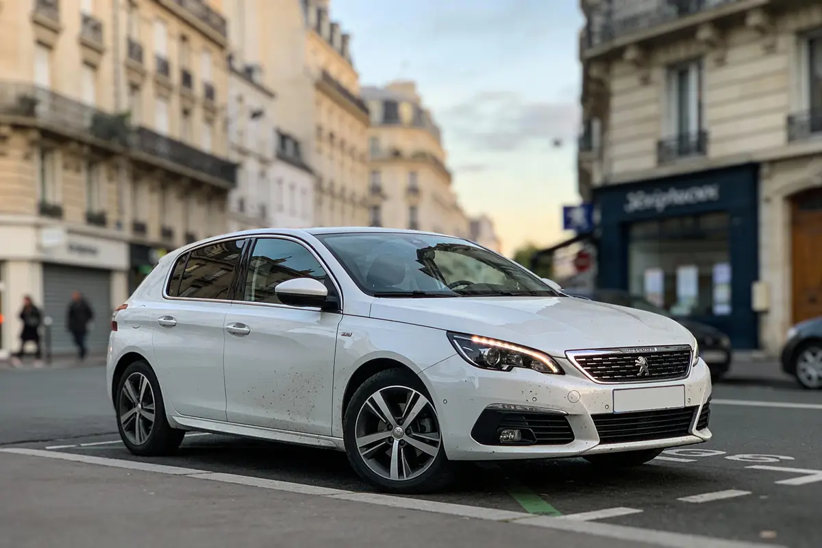 Voiture blanche stationnée en ville, bâtiments parisiens en arrière-plan, ciel légèrement nuageux.