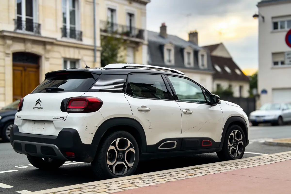 SUV Citroën C3 blanc, stationné dans une rue résidentielle, bâtiments en arrière-plan, soirée nuageuse.