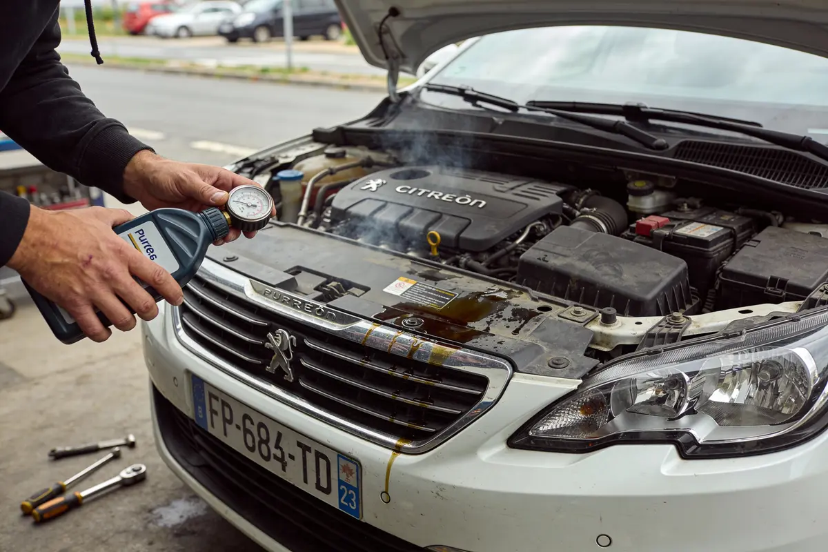 Voiture capot ouvert, homme vérifiant niveau liquide avec bouteille et manomètre, moteur fumeur.