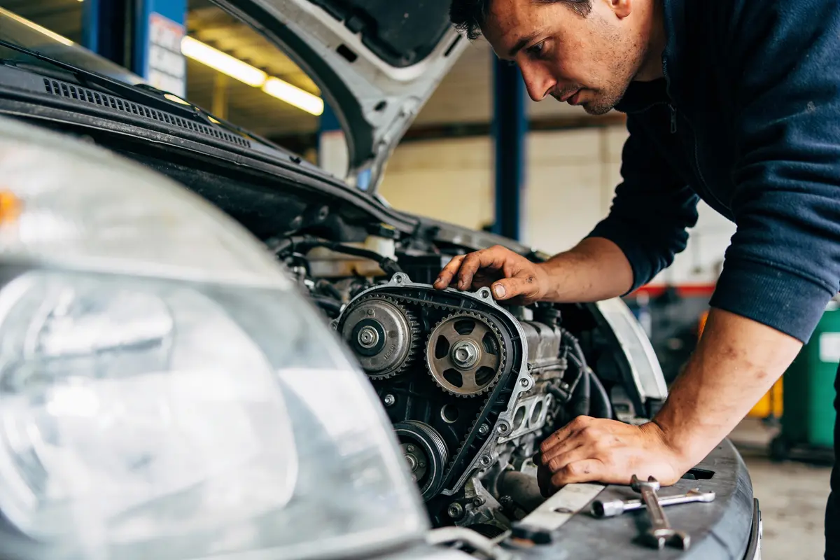 Mécanicien vérifiant le moteur d'une voiture, capot ouvert, outils à proximité dans un atelier.
