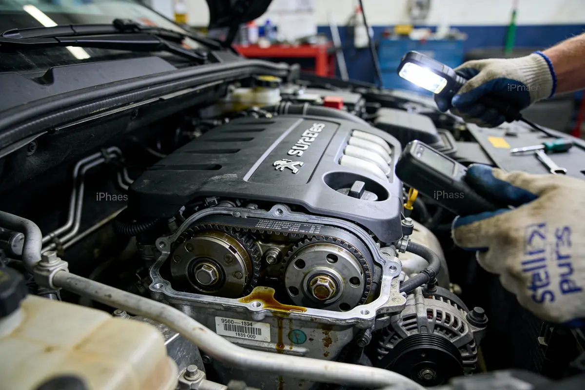 Moteur de voiture Peugeot en réparation, mécanicien utilisant lampe pour inspection dans un garage.