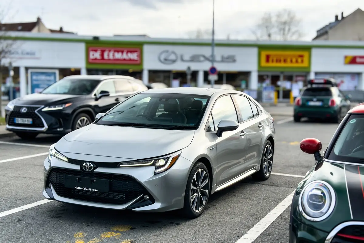 Voitures garées devant une concession automobile avec des enseignes Lexus et Pirelli en arrière-plan.