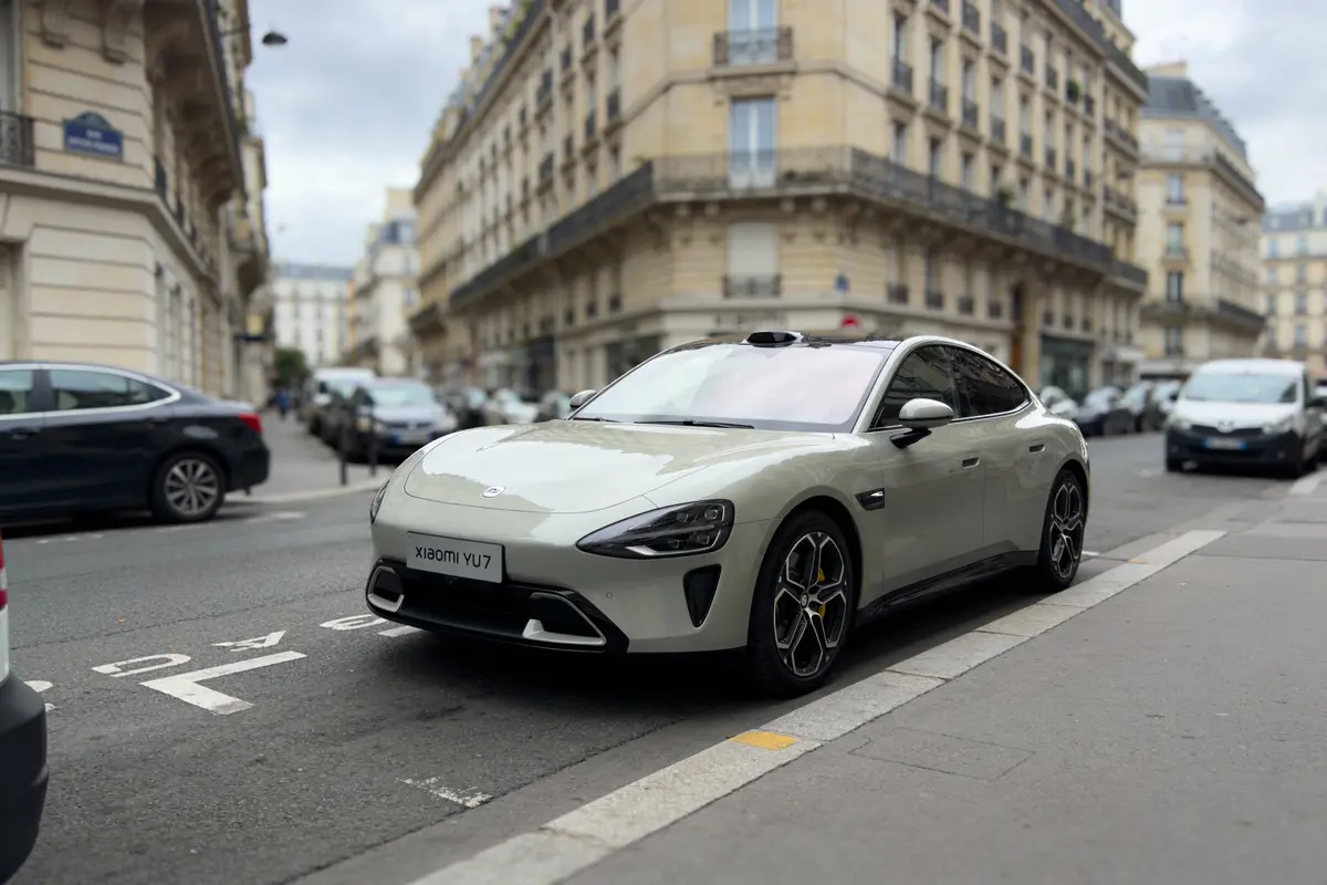 Voiture grise moderne stationnée dans une rue urbaine avec bâtiments historiques en arrière-plan.