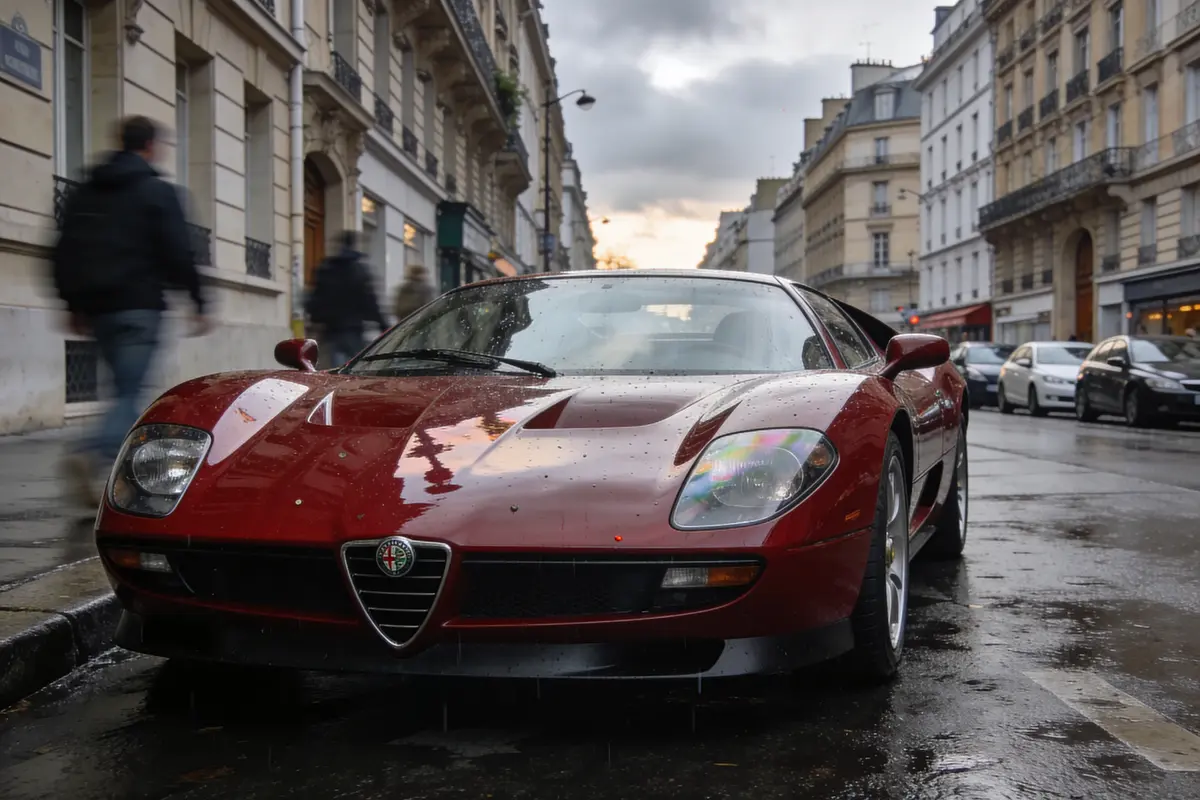 Voiture de sport rouge, rue parisienne pluvieuse, bâtiments en arrière-plan, passants flous.