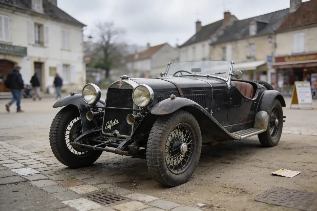 Voiture de collection noire, style vintage, garée sur une place pavée dans un village pittoresque.
