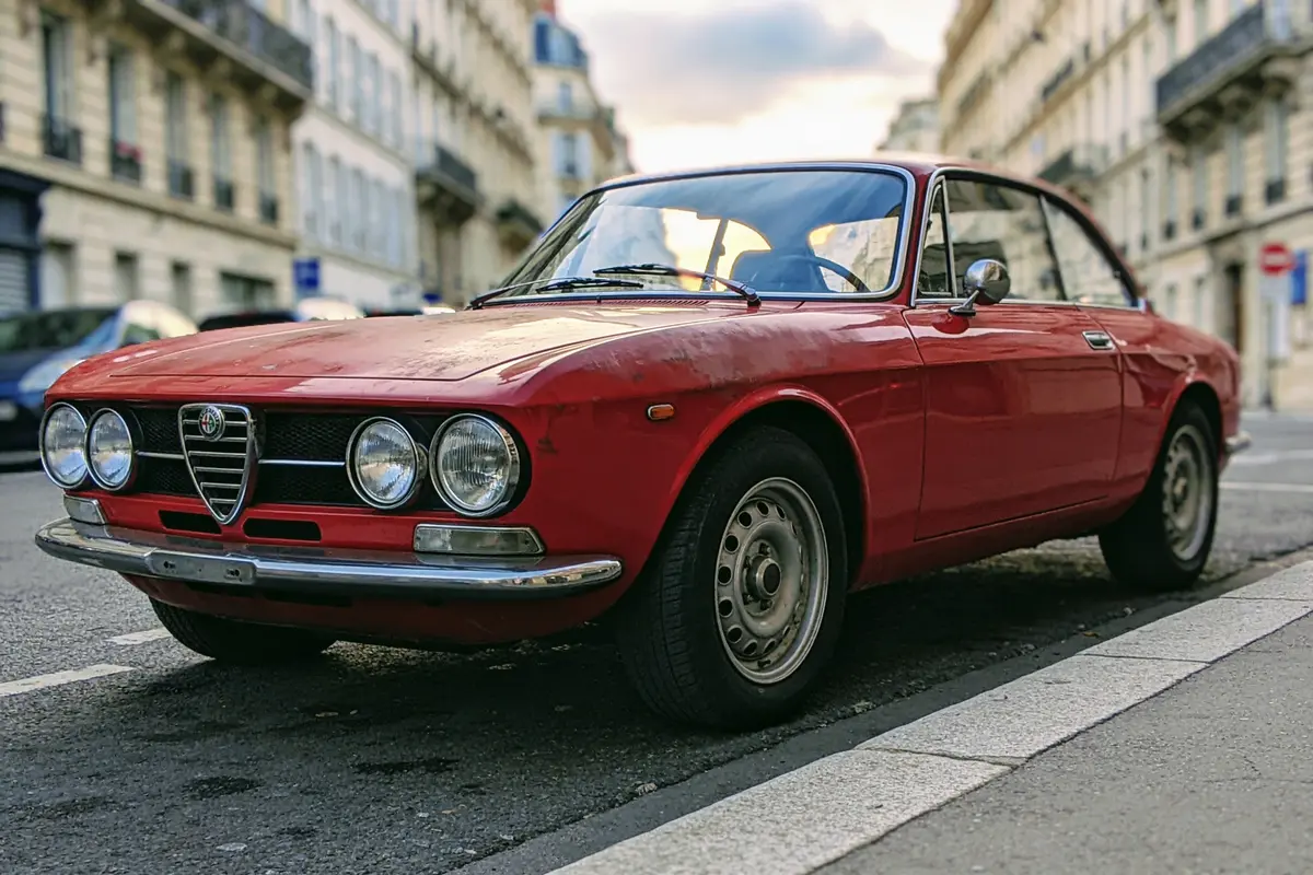 Voiture classique rouge garée dans une rue urbaine, avec bâtiments en arrière-plan, ciel nuageux.
