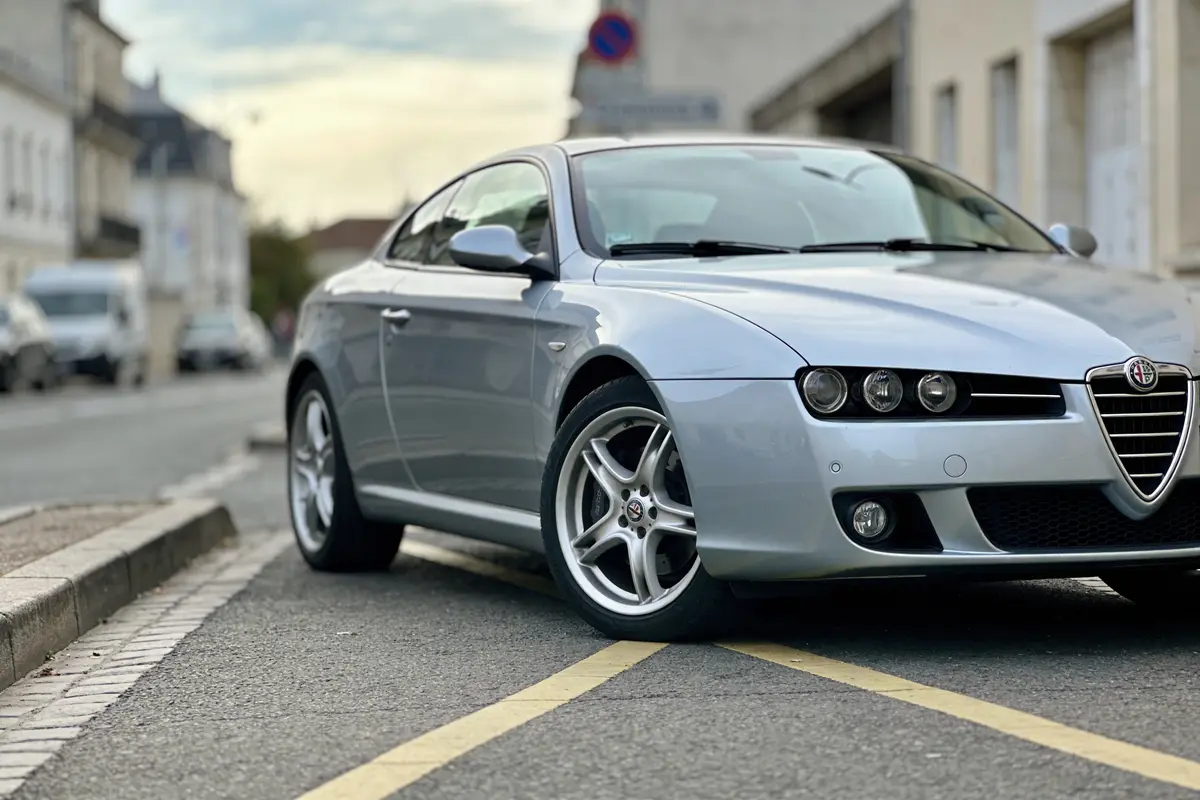 Voiture sportive argentée stationnée dans une rue urbaine, vue en légère contre-plongée, ciel partiellement nuageux.