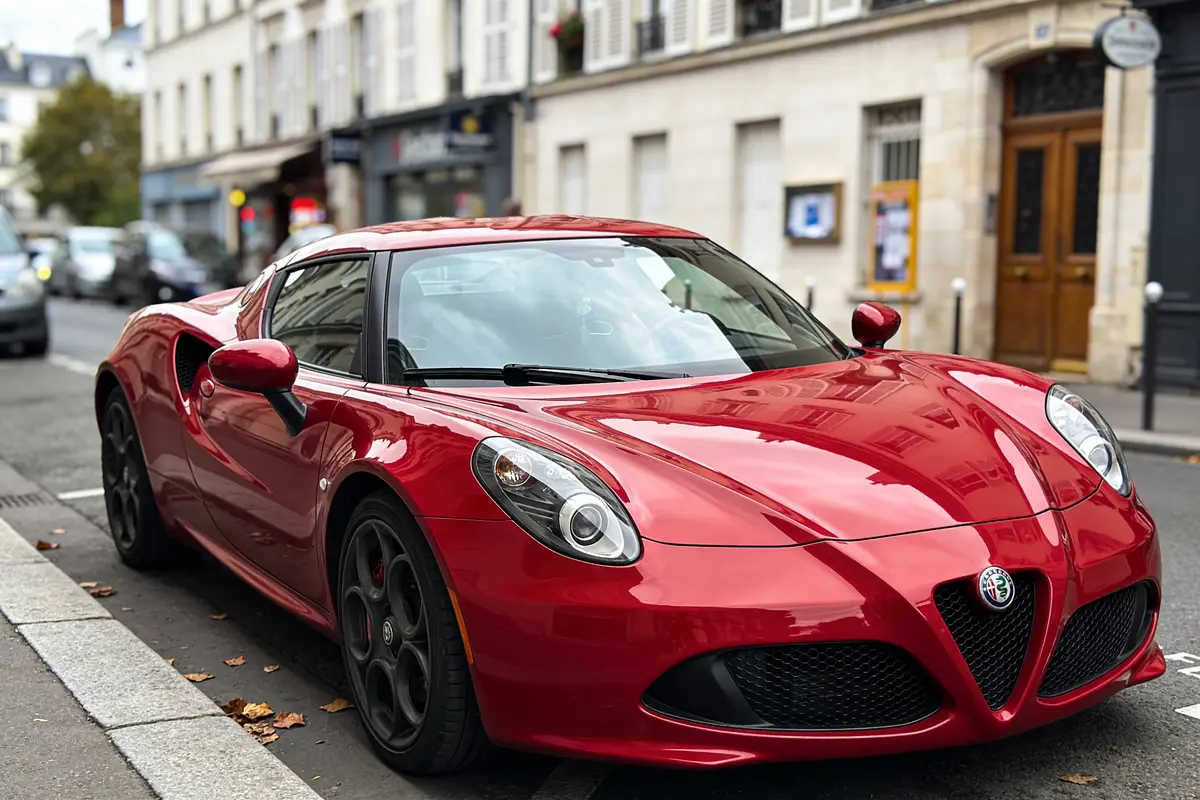 Voiture de sport rouge garée dans une rue urbaine. Édifices en arrière-plan.