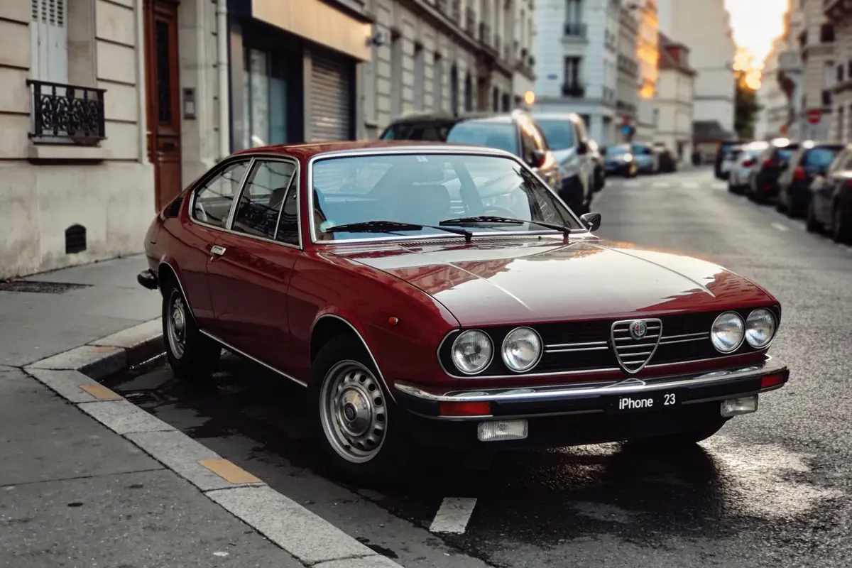 Voiture ancienne rouge garée en ville, rue bordée d'immeubles, éclairage naturel du soir.