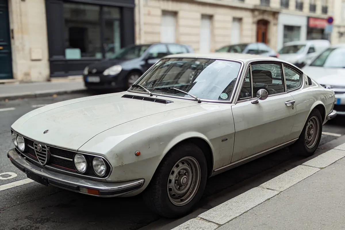 Voiture ancienne blanche garée dans une rue urbaine, bâtiments en arrière-plan flou.