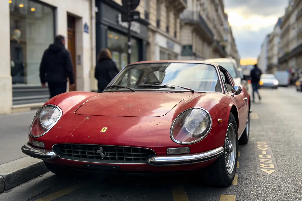 Voiture de sport rouge classique garée dans une rue urbaine animée avec des passants flous en arrière-plan.