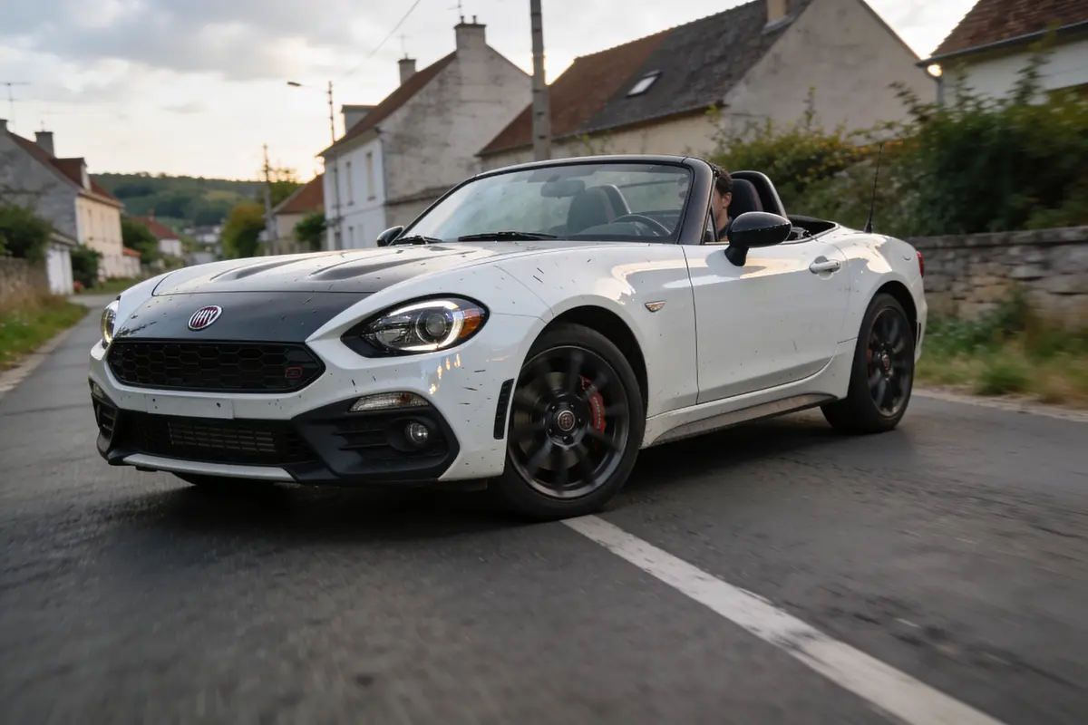 Voiture décapotable blanche sportive sur une route, entourée de maisons et de verdure. Ciel nuageux.