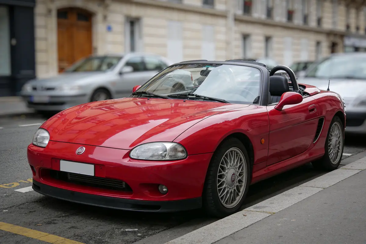 Voiture cabriolet rouge, garée en ville, carrosserie élégante, jantes argentées, capote abaissée.