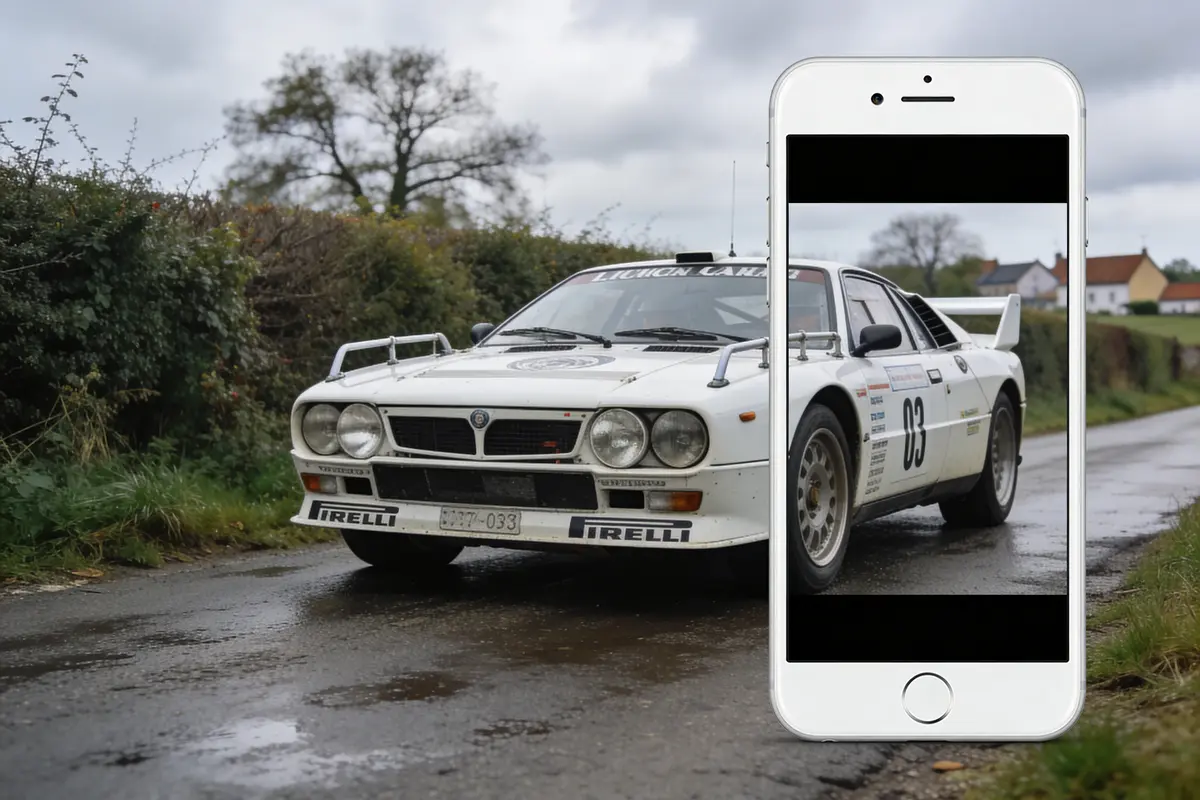 Voiture de rallye blanche sur route de campagne, avec smartphone superposé montrant la même scène.