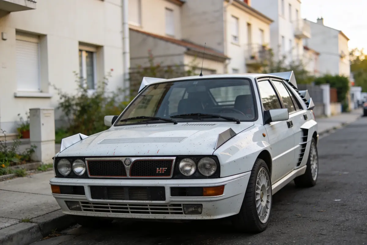 Voiture blanche de sport vintage garée dans une rue résidentielle, bâtiments en arrière-plan.