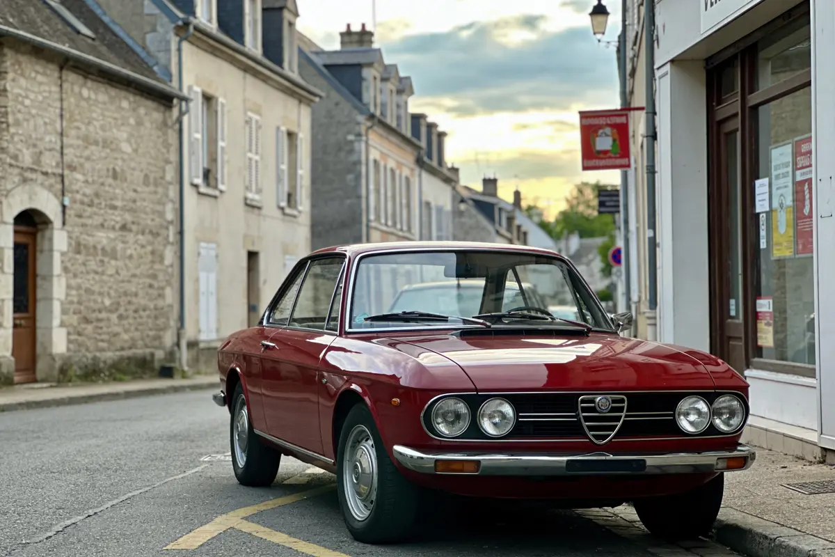 Voiture classique rouge garée dans une rue pavée, entourée de bâtiments anciens au crépuscule.