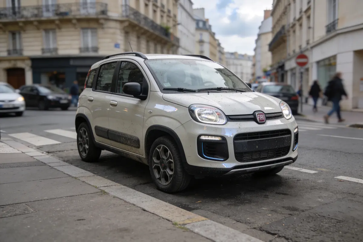 Petite voiture blanche garée sur une rue urbaine, bâtiments en arrière-plan. Temps nuageux.