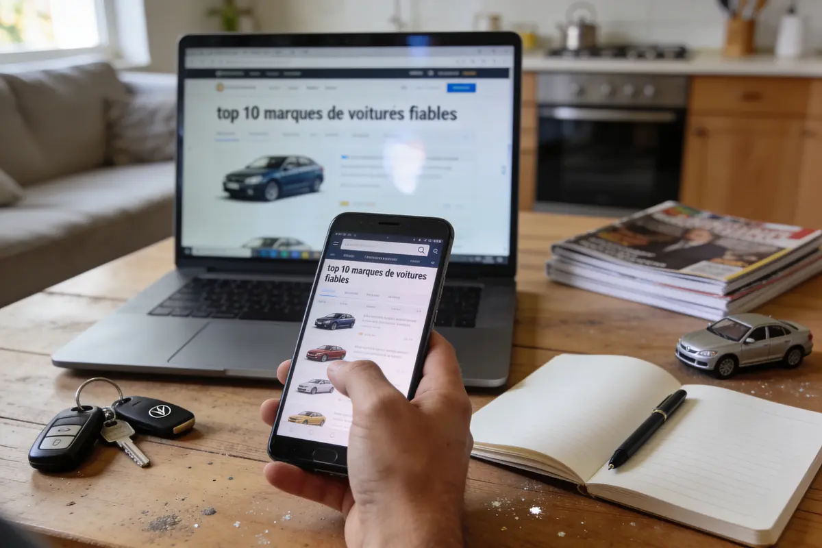 Ordinateur portable et smartphone affichant "top 10 marques de voitures fiables", avec clés, carnets et magazines sur table.