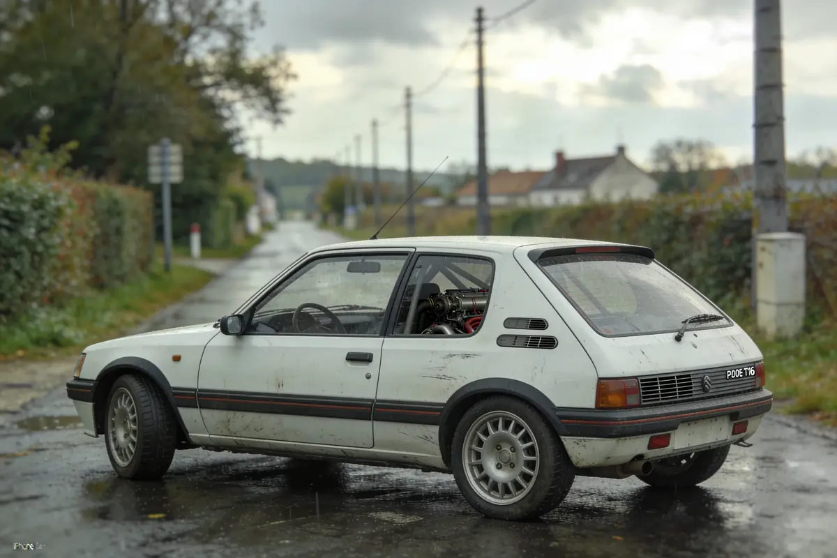 Voiture blanche ancienne stationnée sur route mouillée, arrière-plan rural nuageux.