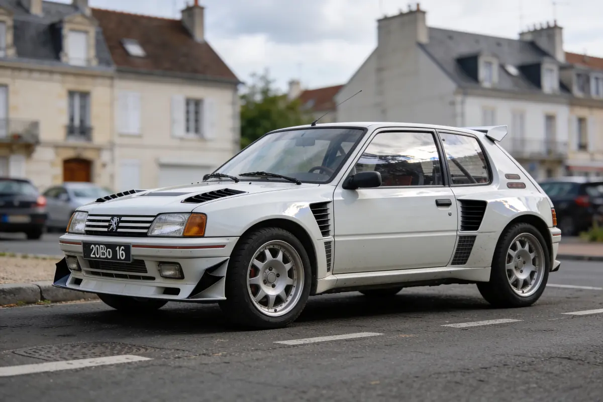 Voiture blanche de sport rétro garée sur route, bâtiments résidentiels en arrière-plan.