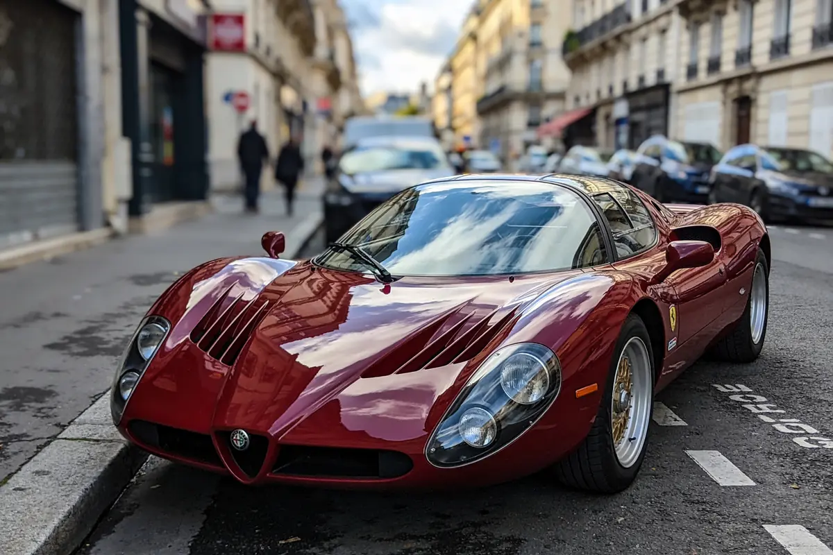 Voiture de sport rouge garée dans une rue urbaine, buildings en arrière-plan, ciel nuageux.