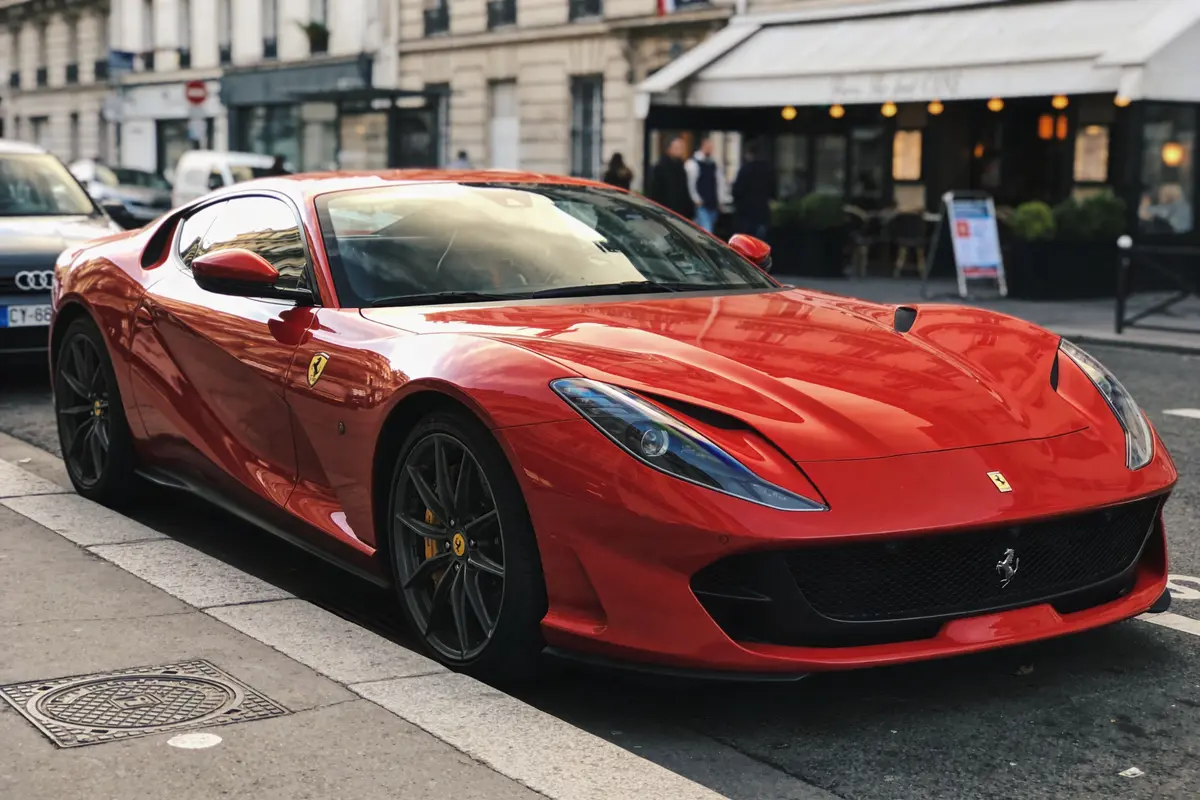 Voiture de sport rouge garée en ville devant un café parisien, partiellement visible.