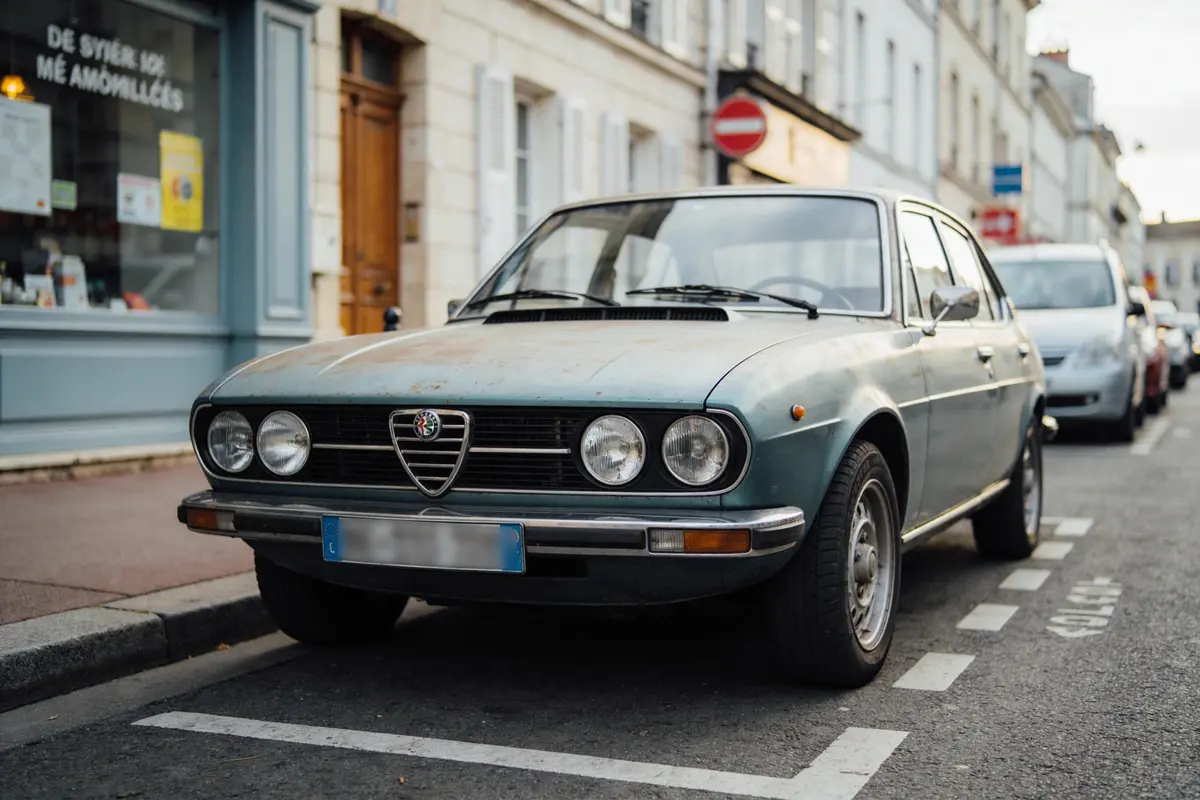 Voiture ancienne bleue garée dans la rue devant des bâtiments urbains et signalisation routière.