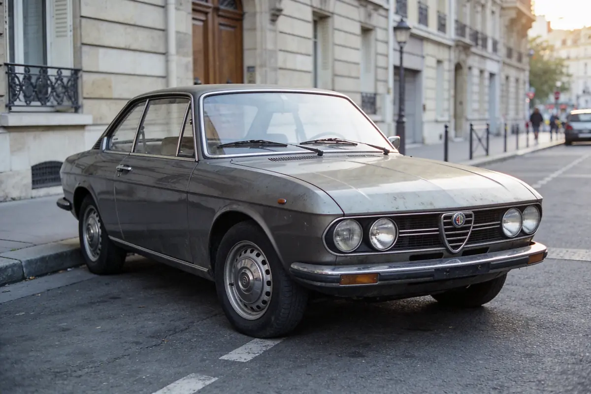 Voiture classique grise garée dans une rue résidentielle, maisons et garages visibles à l'arrière-plan.