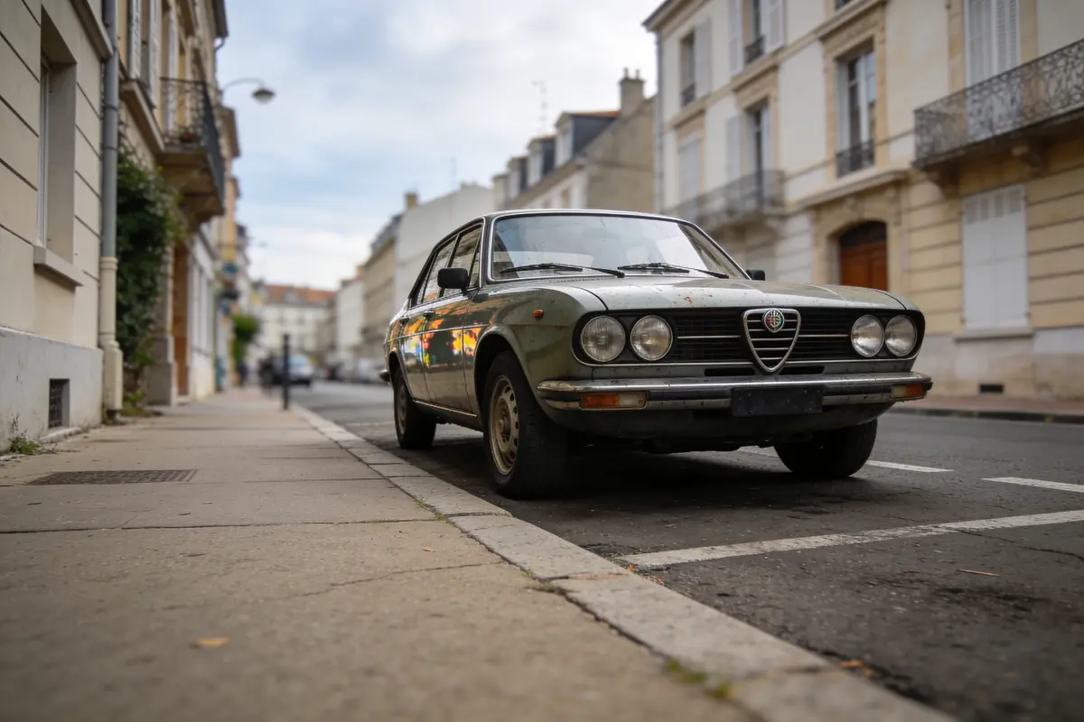 Voiture ancienne verte garée dans une rue pavée, bâtiments résidentiels en arrière-plan. Atmosphère urbaine tranquille.