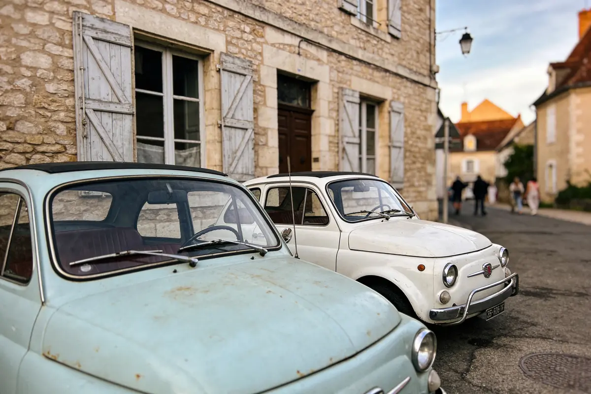 Deux voitures classiques stationnées devant un bâtiment en pierre avec volets en bois dans une rue pavée.