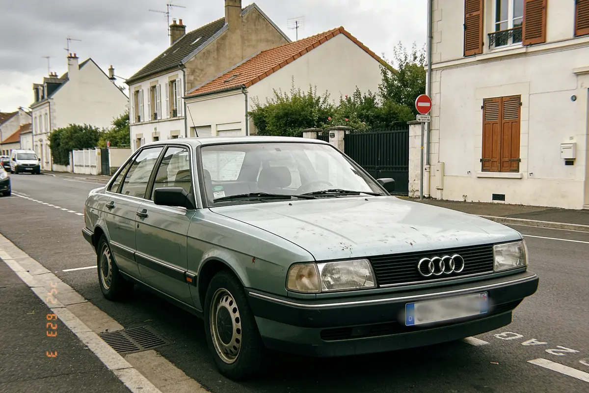 Vieille voiture Audi grise garée dans une rue résidentielle, maisons en arrière-plan, panneau sens interdit visible.