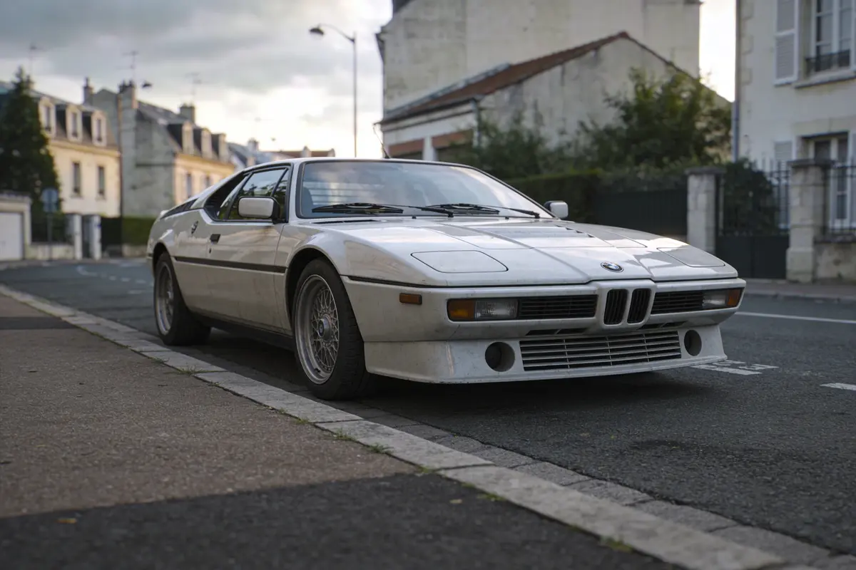 Voiture de sport classique blanche garée dans une rue résidentielle avec maisons en arrière-plan.