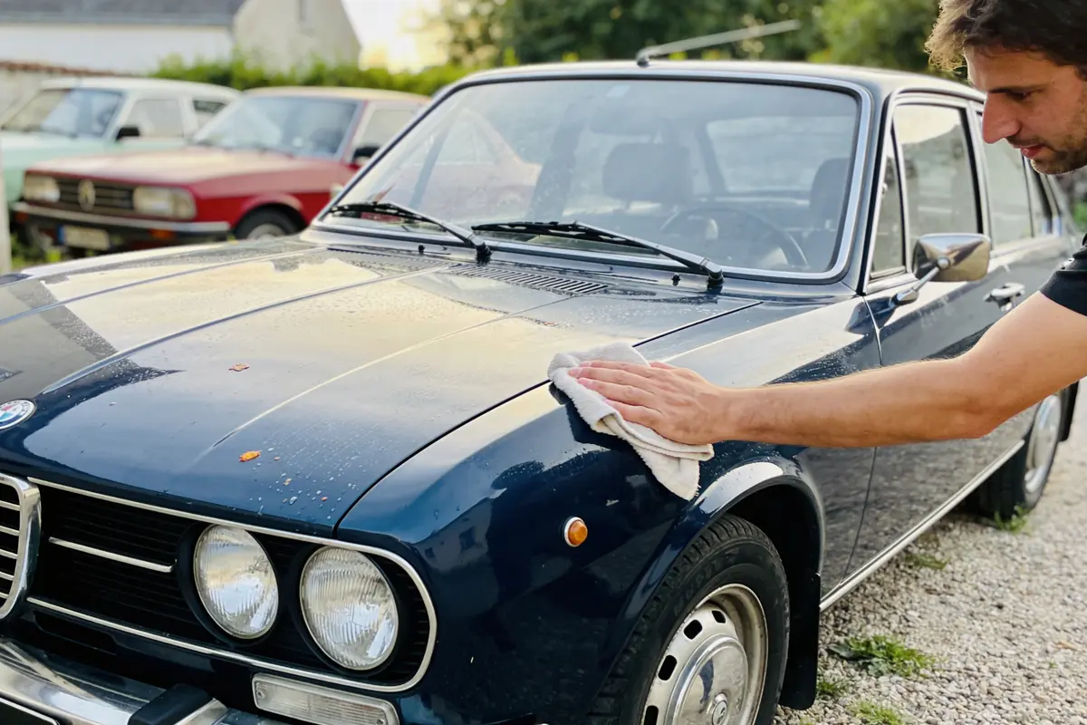 Homme nettoyant une voiture vintage bleue avec un chiffon, voitures anciennes en arrière-plan.