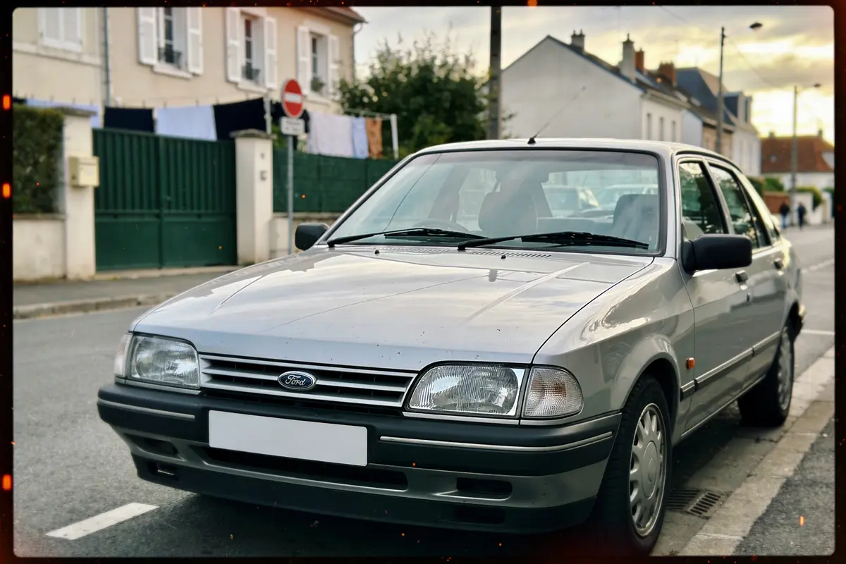 Voiture Ford grise stationnée dans une rue résidentielle, devant maisons et buissons.