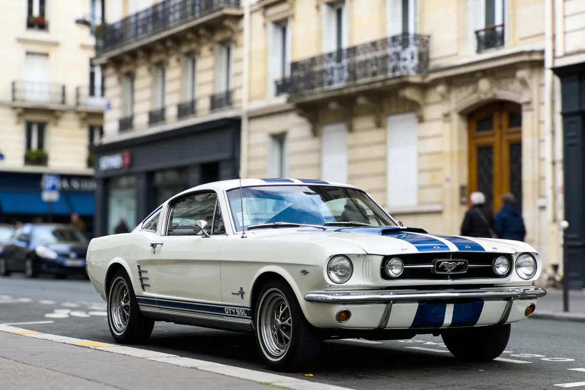 Voiture classique blanche et bleue garée dans une rue, devant un immeuble parisien.
